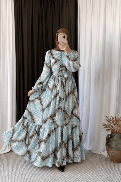 Hepsi Moda Patterned Front Gathered Chiffon Dress - 5720 - Mint Green & Tile