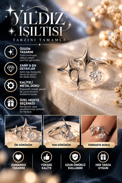 FG KONNİCHİWA Star Sparkle Stone Adjustable Women's Ring