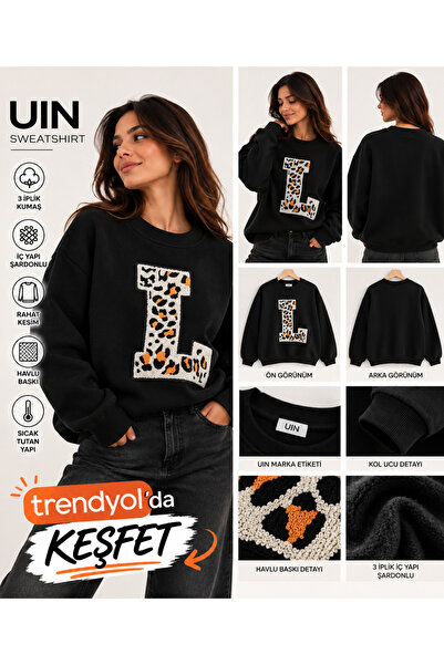 Kadın 3 İplik Şardonlu Sweatshirt Havlu Baskılı Oversize Rahat Kesim