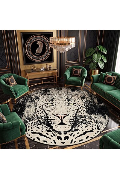 Delipoyraz Tekstil Dijital Kaymaz Yıkanabilir Yuvarlak Aslan Leopar Salon Hal...