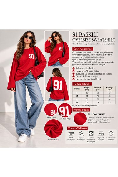 TuZeGiyim Both Front and Back Printed Oversize Fit Long Sleeve Hoodless Pocketless Women's Sweetshirt