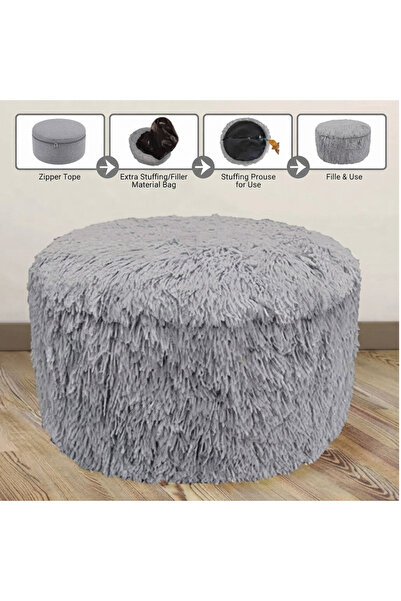 HYVESTO Taburet Decorativ Gonflabil din Blana Artificiala Gri (38x20 cm), Puf de Iarna Suporta 100 kg, Ideal pentru Living sau Dormitor