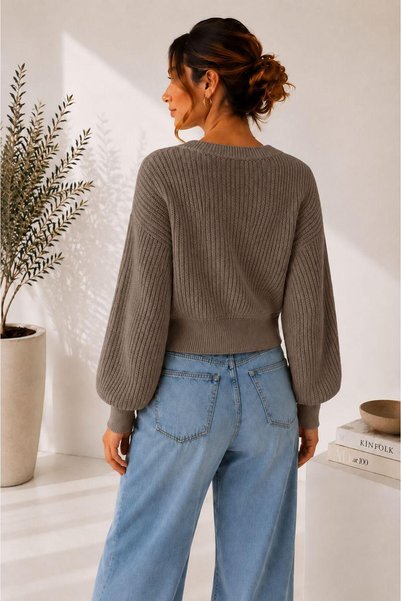 YUGA KNİTTİNG Women's basic ribbed knit button-detail cardigan