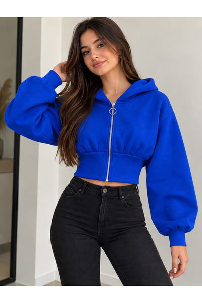 Kadın Kapüşonlu Fermuarlı Crop Sweatshirt –Mavi