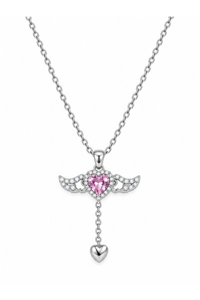 Generic Brand Steel Winged Heart Necklace – Silver Color with Pink Stone Stylish Women's Necklace