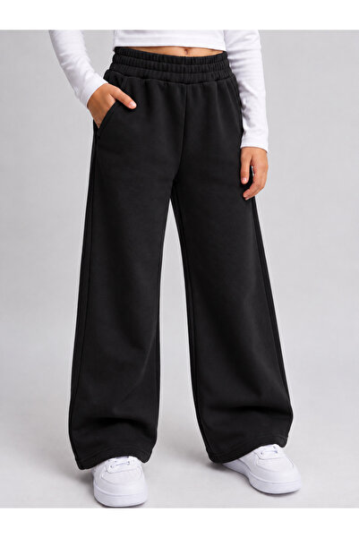 KİDSPİTİRCİK Pantaloni negri pentru fete, cu picior larg, 100% bumbac, țesătu...