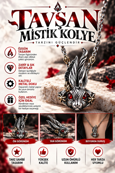 FG KONNİCHİWA Unisex Mystical Necklace with Rabbit Figure – Red Detail