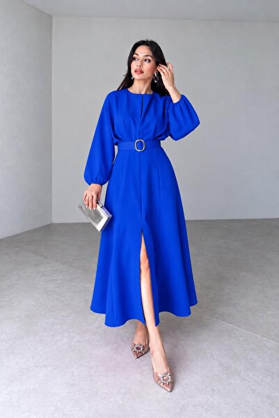 MyBella Belted Pleated Slit Pleated Dress