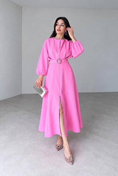 MyBella Belted Pleated Slit Pleated Dress