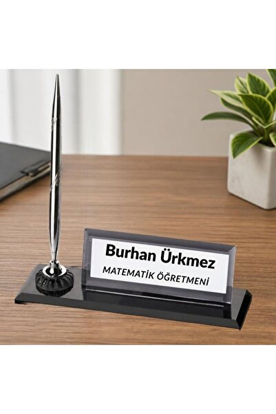 Öğretmene Hediye Kalemli Kristal Cam Masa İsimliği