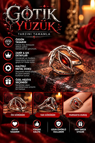 FG KONNİCHİWA Red Stone Gothic Unisex Ring – Metal Design with Pointed Detail