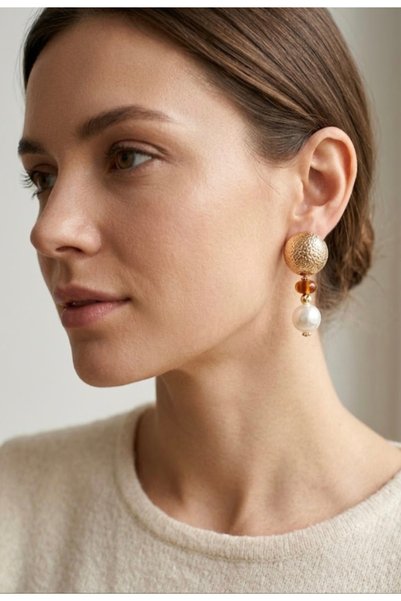 DEVİ fashion Vintage Plate Top Pearl Earrings 5 cm