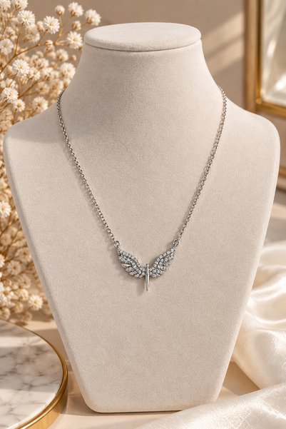 Generic Brand Steel Wing Figured Stone Necklace – Silver Color