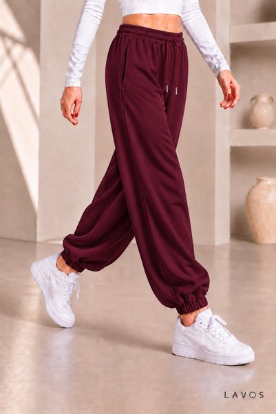 LAVOS Kadın Bordo Modal Kumaş Paça Lastikli Baggy Eşofman Altı Yumuşak Dokulu...