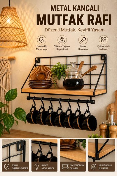 Tercih Home Duvara Monte Metal Kupa Askılığı Raflı Bardak ve Duvara Monte Met...