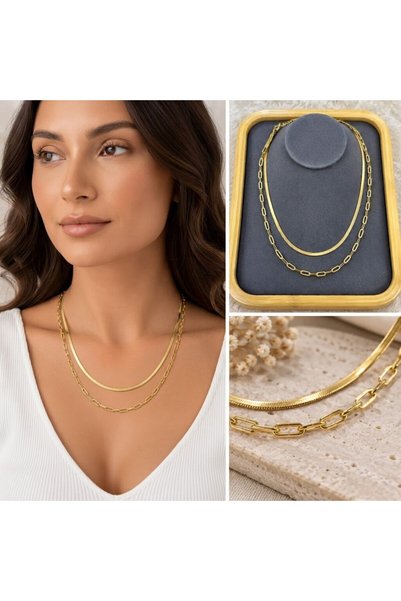 FM 💎   Premium Shiny and Stylish Gold Color Double Chain Women's Steel Neckl...