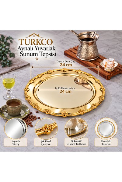 Turkco Yuvarlak Serisi Metal Sunum Söz Nişan Tepsisi, Gold Tepsi Gold Aksesuar