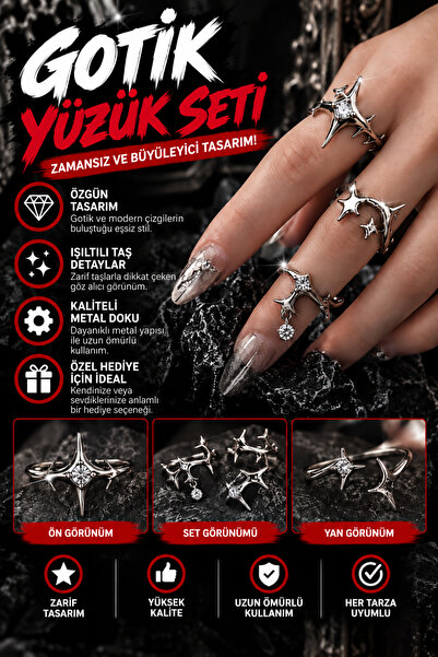 FG KONNİCHİWA Gotik Yıldız Taşlı UNISEX Yüzük Seti
