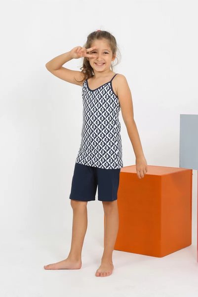 Generic Brand Girl's Combed Cotton Navy Blue Pajama Set with Rope Strap Shorts