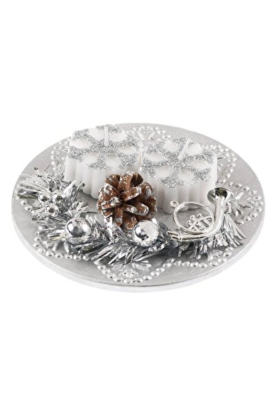 DD SHOP Platou Decorativ Argintiu Conuri Lumanari Fulgi de Craciun 13cm