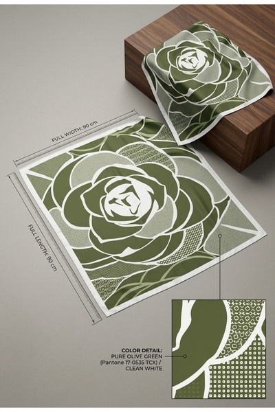 CROCUS DESIGN Eșarfă kaki cu textură de mătase și model de trandafiri 70x70 CU BROȘĂ CA CADOU