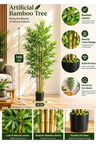 Generic Artificial Bamboo Tree 140 CM – Realistic Tall Indoor Decorative Plant with Lifelike Green Leaves, Natural Bamboo Stems & Stable Black Pot for Home & Office
