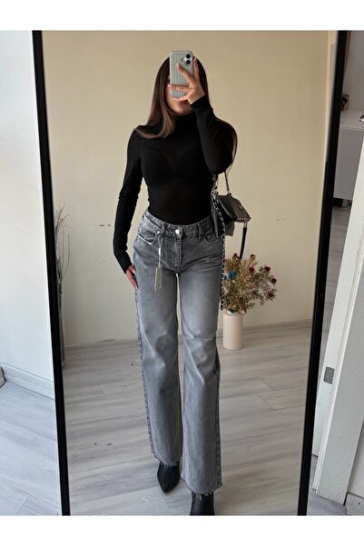 Kadın Koyu Gri Yüksek Bel Straight Fit Kot Pantolon