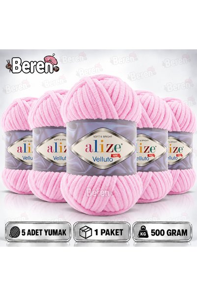 Alize Velluto Kadife Dokulu İp - 5 Adet - 31 Açık Pembe – Örgü Yünü – Amiguru...