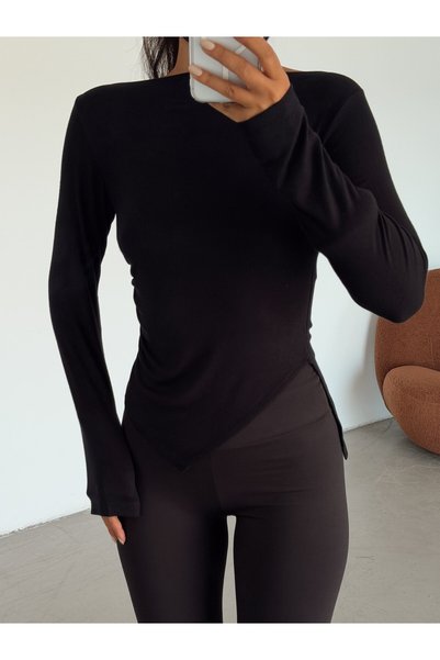 myd Asymmetric Side Draped Blouse - Black