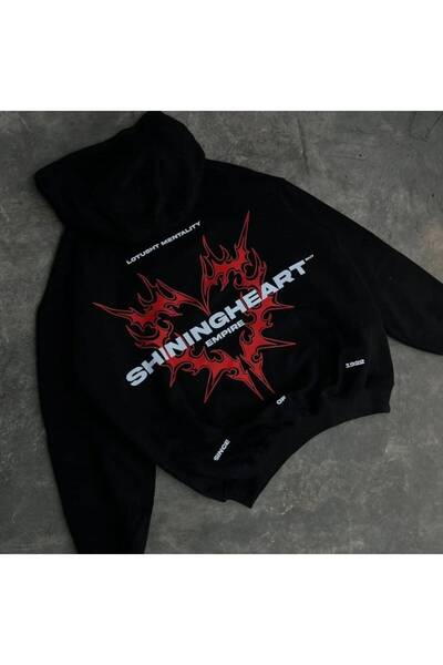 Minga London Siyah Shınıng Heart Kırmızı Baskılı Oversize Kapüşonlu Sweatshirt