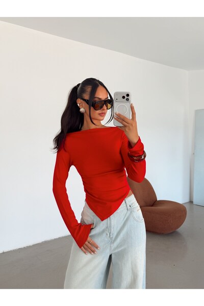 myd Asimetrik Yan Drape Bluz - Kırmızı