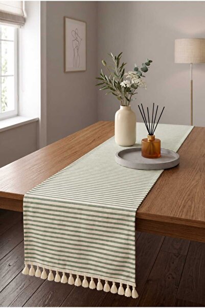 linea natura home Striped Green 2-Edge Tasseled Vintage Linen Runner 40X140