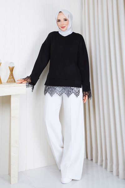 Wual giyim Dantel Detaylı Triko Kumaş Oversize Tunik – Etek Ucu ve Kol Dantel...