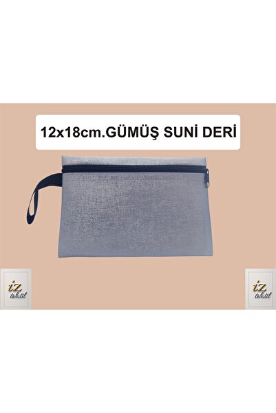GÜMÜŞ RENKLİ SUNİ DERİ CÜZDAN 12X18CM. MAKYAJ EL ÇANTASI