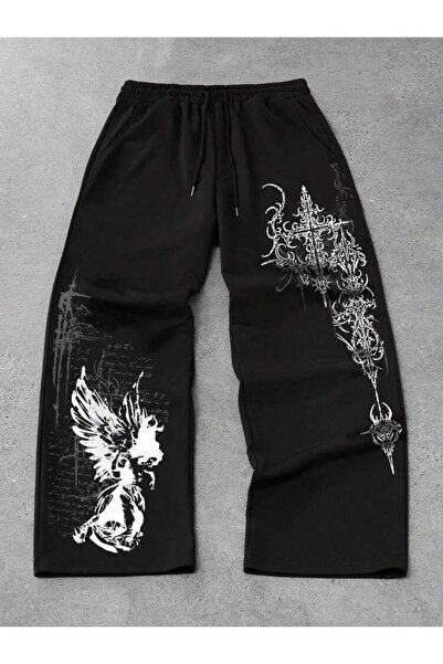 Minga London Siyah Gotik Melek Beyaz Baskılı Oversize Eşofman ALTI