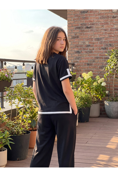 Finelook Girls Two-Piece Short-Sleeve Top and Wide-Leg Pants Lounge Set – White & Black Contrast Trim