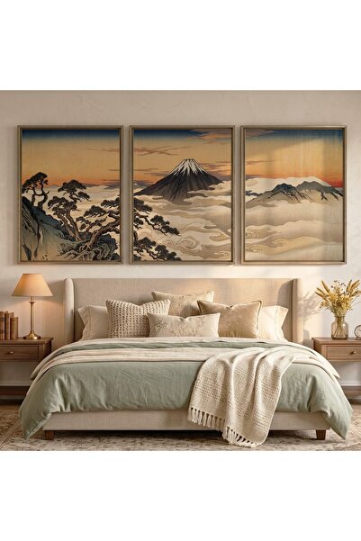 KEYFHOME Muntele Fuji peisaj japonez set de 3 tablouri MDF înrămate poster pe...