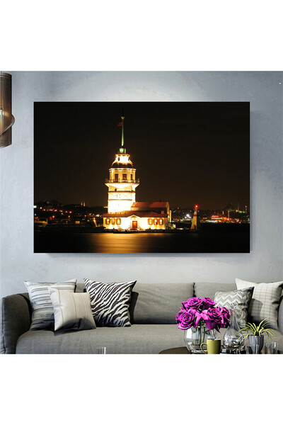 Tablo Gece Işıklandırmalı İstanbul Kız Kulesi ve Boğaz Manzaralı Kanvas Tablo