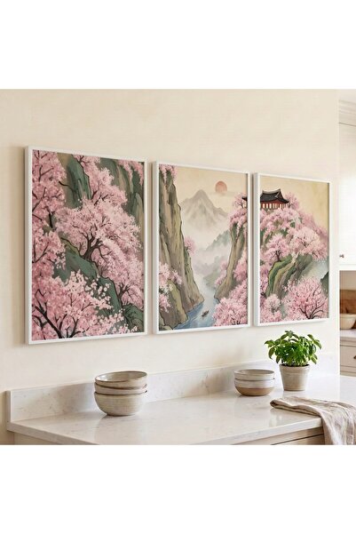 KEYFHOME Sakura Mountain Scenery Set de 3 tablouri MDF înrămate poster pentru...
