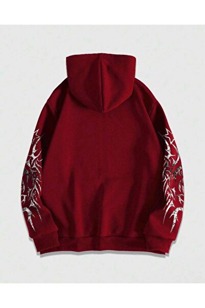 Minga London Kırmızı Gotik Tribal Kalp Baskılı Fermuarlı Oversize Kapüşonlu Sweatshirt