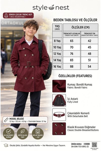 STYLENEST Erkek Çocuk Klasik Kruvaze Trençkot Düğmeli,Cepli Kemerli Mevsimlik...