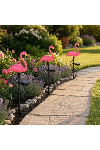 Homegenius Set de 3 lămpi solare LED cu flamingo roz și cioc galben, Model nou, 53 cm, Lumină caldă, IP65, Decorațiuni de grădină