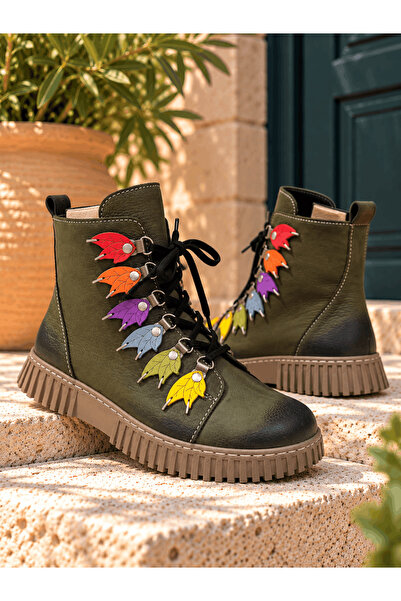 İNZE AYAKKABI Genuine Leather Colorful Leaf Detailed Lace-Up Boots Model Name...