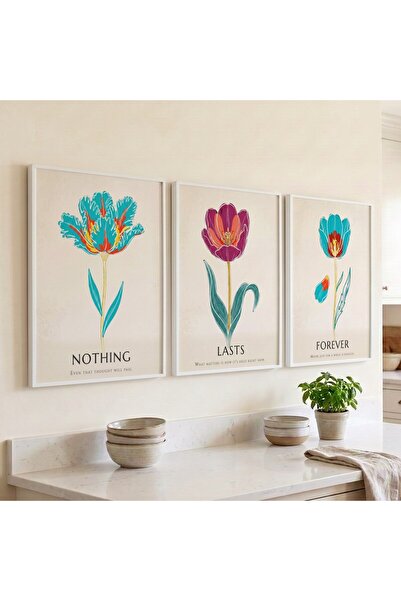 KEYFHOME Nothing Lasts Forever Flower Set of 3 Framed Mdf Painting Poster Liv...