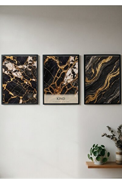 KEYFHOME Kind Black Gold Marmură Set de 3 Tablouri MDF înrămate Poster Living...