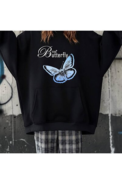 Minga London Siyah The Butterfly Baskılı Oversize Kapüşonlu Sweatshirt