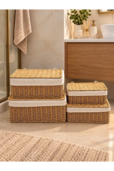 morponi 4-Piece Covered Wicker Fabric-Lined Rattan Organizer Basket Trn603