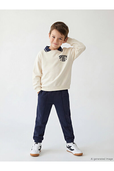 LC Waikiki Beige Polo Collar Printed Boy's Thick Tracksuit Set