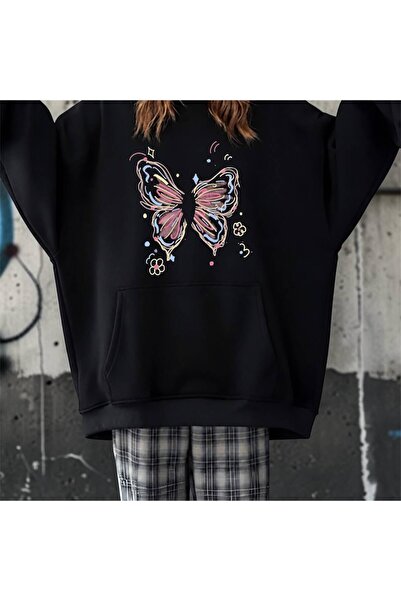 Minga London Siyah Colors Butterfly Baskılı Oversize Kapüşonlu Sweatshirt