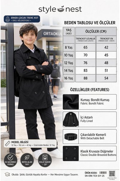 STYLENEST Erkek Çocuk Klasik Kruvaze Trençkot Düğmeli,Cepli Kemerli Mevsimlik...